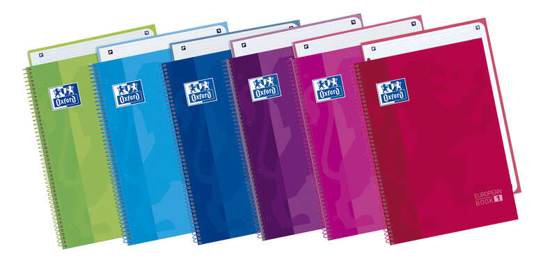 Oxford School Classic Europeanbook 1 Cuaderno A4+ 80 Hojas Microperforadas Cuadricula 5x5mm - Tapa Extradura - 4 Cuadernos por Color · Pack de 24 uds.