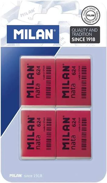Milan Nata 624 Pack de 4 Gomas de Borrar Rectangulares - Plastico - Suave - No Abrasiva - Color Rojo/Blanco