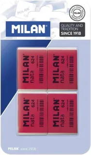 Milan Nata 624 Pack de 4 Gomas de Borrar Rectangulares - Plastico - Suave - No Abrasiva - Color Rojo/Blanco