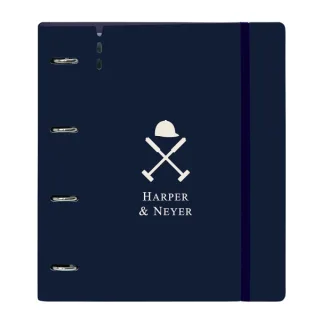 Safta Harper and Neyer Carpeta con 4 Anillas 35mm - Tapas de PP Foam - Recambio 100 Hojas - Cierre Elastico - Ranura para Boligrafo - Incluye Separadores - 270x40x320mm - Color Azul Marino
