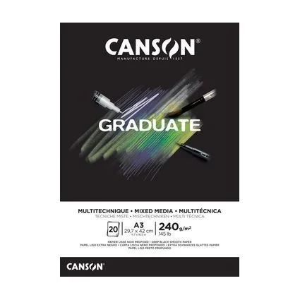 Canson Graduate Mix Media Bloc Encolado de 20 Hojas A4 - 240g - Grano Fino - Color Negro
