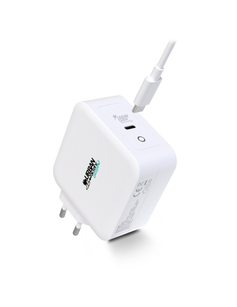 Urban Factory Cyclee Cargador de Pared USB-C GaN de 100W - Diseño Ecologico - Cable USB-C/USB-C de 2m - Color Blanco