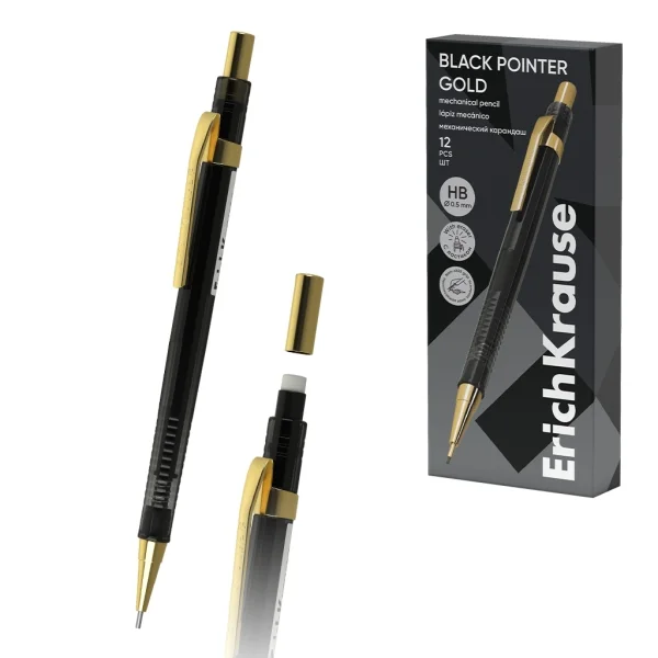 ErichKrause Black Pointer Gold Portaminas - Mina HB de 0.5mm - Goma de Borrar Integrada - Color Negro · Pack de 12 uds.