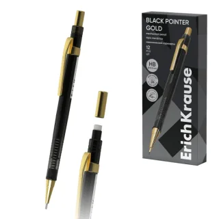 ErichKrause Black Pointer Gold Portaminas - Mina HB de 0.5mm - Goma de Borrar Integrada - Color Negro · Pack de 12 uds.