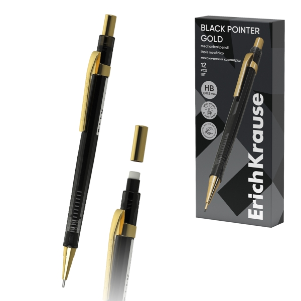 ErichKrause Black Pointer Gold Portaminas - Mina HB de 0.5mm - Goma de Borrar Integrada - Color Negro · Pack de 12 uds.