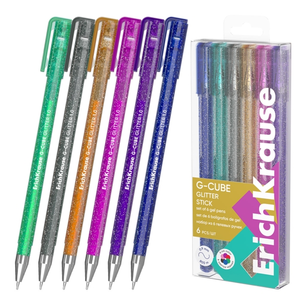 ErichKrause G-Cube Stick Glitter Pack de 6 Boligrafos con Capuchon - Punta de 1.0mm - Trazo 0.9mm - Tapa Ventilada - Colores Surtidos