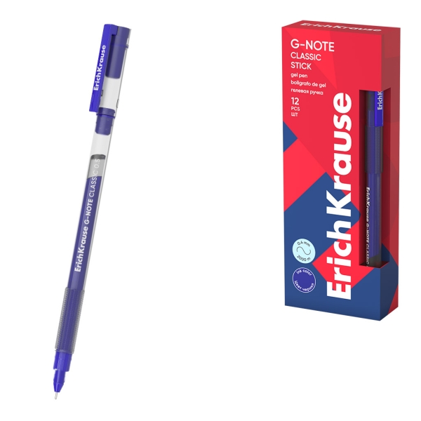 ErichKrause G-Note Stick Classic Boligrafo con Capuchon - Punta de 0.5mm - Trazo 0.4mm - Tinta de Gel - Resistente al Agua - Secado Rapido - Tapa Ventilada - Color Azul · Pack de 12 uds.