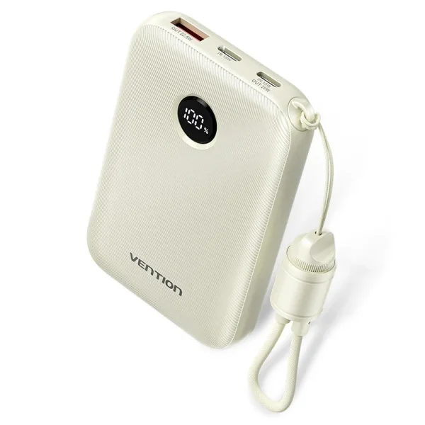 Vention Powerbank de 10000mAh - Potencia de Salida hasta 22.5W - USB-A - USB-C - Pantalla LED - Cable USB-C de 17cm - Apto para Viajes Aereos - Color Beige