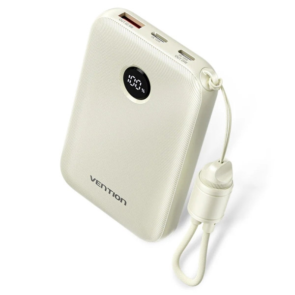 Vention Powerbank de 10000mAh - Potencia de Salida hasta 22.5W - USB-A - USB-C - Pantalla LED - Cable USB-C de 17cm - Apto para Viajes Aereos - Color Beige