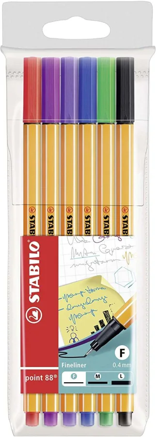 Stabilo Point 88 Pack de 6 Rotuladores de Punta Fina de Fibra - Trazo de 0.4 mm - Tinta con Base de Agua - Colores Surtidos