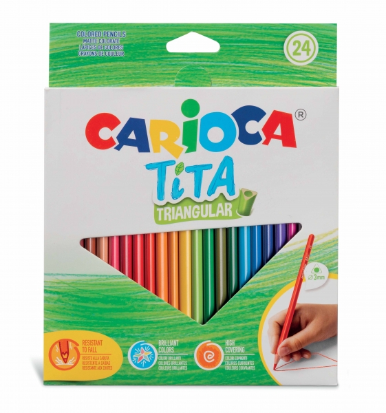 Carioca Tita Pack de 24 Lapices Triangulares - Cuerpo Triangular - Colores Brillantes y Lavables - Escritura Blanda - Mina Ø 3mm Segura y Resistente - No Se Astilla si Se Rompe - Color Vario