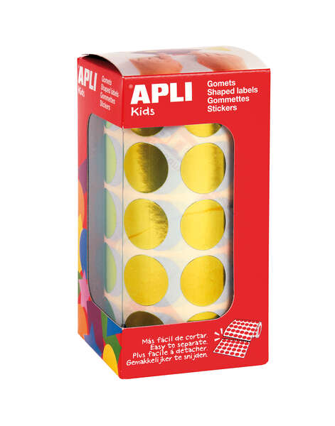 Apli Gomets Redondos Amarillo Metalizado Ø 20mm - 59 Hojas Pretroqueladas - 1770 Gomets por Rollo - Adhesivo Base Agua - Normas EN-71 y Cadena de Custodia FSC