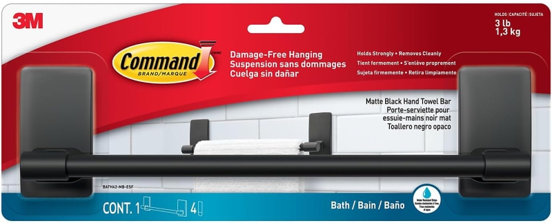 Command Toallero para Aseo - Soporta hasta 1.3kg - Incluye 4 Tiras Adhesivas - Resistente al Agua y Oxido - Color Negro