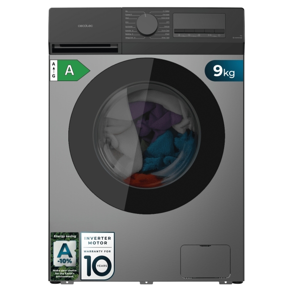 Cecotec Bolero DressCode 9450 Inverter Steel Lavadora de Carga Frontal - Capacidad 9kg - Velocidad 1400rpm - Temperatura Regulable - Display LED - Motor Inverter - Inicio Programable - Color Gris