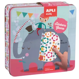 Apli Kids Juego de Gomets Elefante - 16 Laminas para Rellenar con Gomets - 10 Hojas de Gomets Removibles de Formas Geometricas - Alto Valor Didactico - Caja Metalica Diseño Exclusivo - Recom
