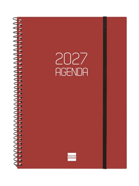 Finocam Espiral Basics Opaque Agenda - Anual 2027 - Semana Vista Horizontal - Formato E10 - 155x212mm - Espiral - Tapa de Polipropileno - Esquinas Microperforadas - Papel de 80g/m2 - Color Burdeos