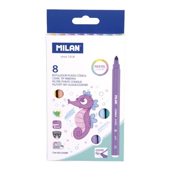 Milan Pack de 8 Rotuladores - Tinta al Agua - Punta Conica de 5mm - Colores Pastel Surtidos