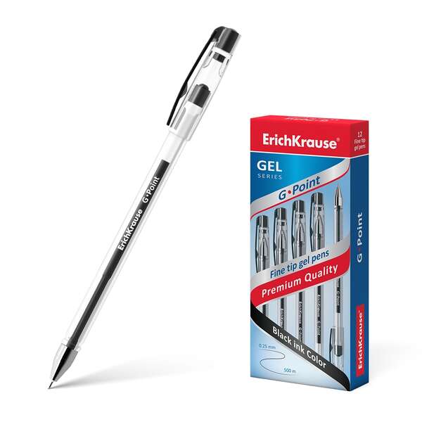 Erichkrause Boligrafo de Gel G-Point - Tinta de Gel de Secado Rapido - Cuerpo Transparente con Grip Perfilado Triangular - Punta de Tipo Aguja - Color Negro · Pack de 12 uds.