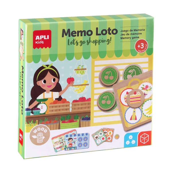 Apli Memo Loto Juego de Memoria y Deduccion - El Objetivo es Completar una Lista de Compra con 4 Articulos de Jugueteria, Fruteria, Panaderia y Floristeria - Fabricado en Madera - A partir de 3 Años