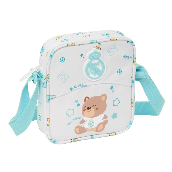 Safta Real Madrid Preescolar Bolsito con Bandolera Ajustable - Compacto - Cierre con Cremallera - 16x18x4cm - Color Blanco