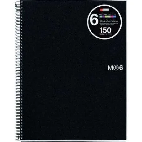 Miquel Rius Notebook6 Cuaderno de Espiral Formato A5 - 150 Hojas de 70gr Microperforadas con 2 Taladros - Cubiertas de Polipropileno - Cuadricula 5x5 - Color Negro · Pack de 5 uds.