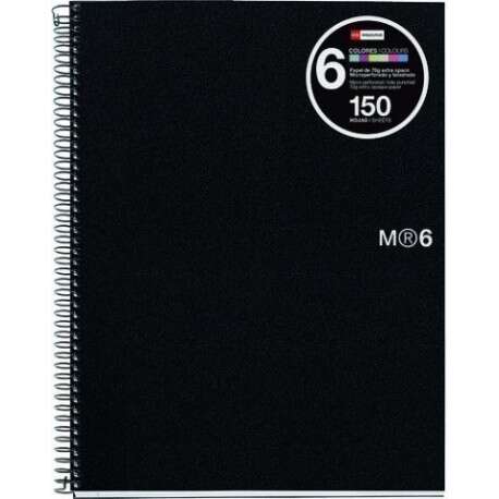 Miquel Rius Notebook6 Cuaderno de Espiral Formato A5 - 150 Hojas de 70gr Microperforadas con 2 Taladros - Cubiertas de Polipropileno - Cuadricula 5x5 - Color Negro · Pack de 5 uds.