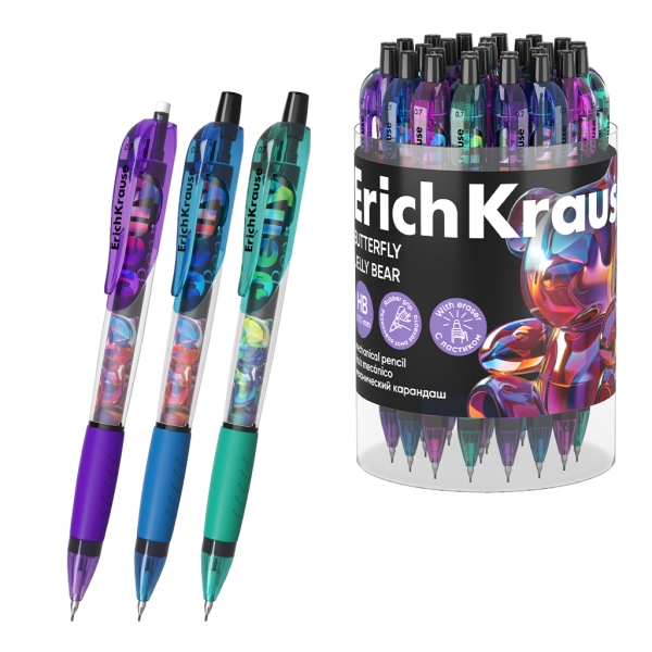 ErichKrause Butterfly Jelly Bear Portaminas - Mina HB de 0.7mm - Goma de Borrar Integrada - Ergonomico - Colores Surtidos · Pack de 24 uds.