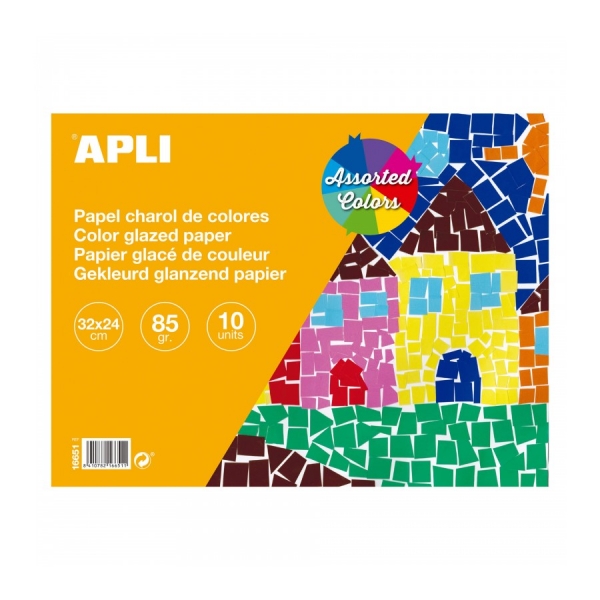 Apli Bloc con 10 Hojas de Papel de Charol 85gr - Ideal para Manualidades, Scrapbooking, Papiroflexia - Colores Surtidos