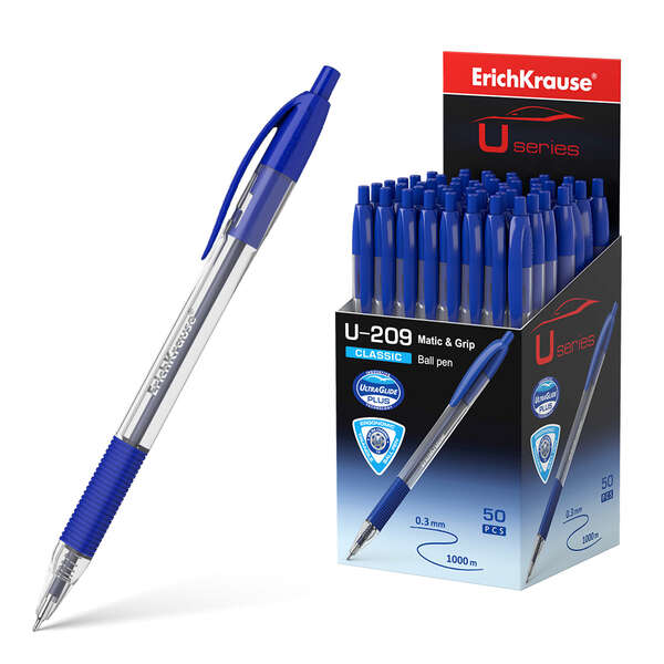 Erichkrause Boligrafo Automatico U-209 Classic Matic&Grip - Ultra Glide Technology - Tinta Color Azul · Pack de 50 uds.