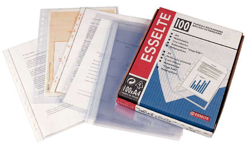 Esselte Pack de 100 Fundas Portadocumentos Multitaladro PVC con Refuerzo Tamaño A4 - 80 micras - Liso Calidad Estandar - Transparente
