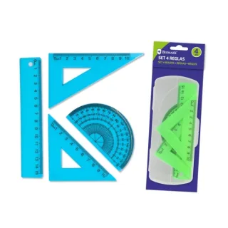 Bismark Pack de 4 Reglas para Dibujo - Incluye Regla 15cm, Escuadra 10cm, Cartabon 10cm y Transportador de Angulos - Caja Portadora PVC - Ideal para el Colegio - Colores Azul y Verde Aleator