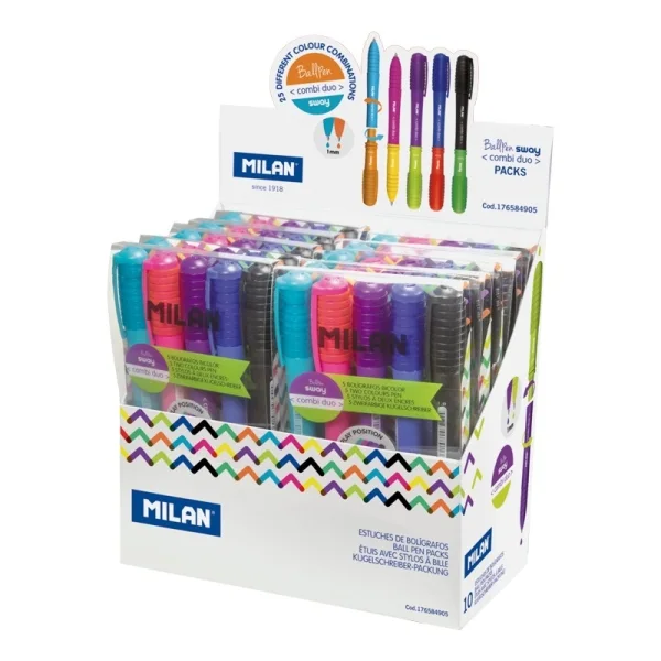 Milan Sway Combi Duo Expositor con 10 Estuches de 5 Boligrafos de Bola Retractiles - Punta Redonda 1mm - Doble Punta Intercambiable - Colores Surtidos