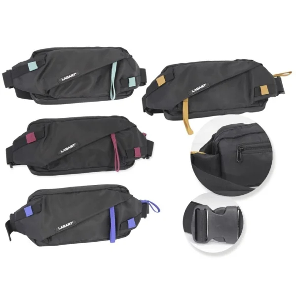 Lagart Smart Bandolera/Riñonera - 3 Bolsillos - Cinta Ajustable - Fabricada en Nylon Impermeable - Medidas 24x12x5cm - Color Negro con Detalles en Color · Pack de 4 uds.