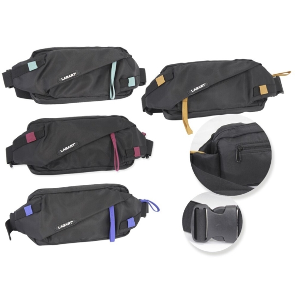 Lagart Smart Bandolera/Riñonera - 3 Bolsillos - Cinta Ajustable - Fabricada en Nylon Impermeable - Medidas 24x12x5cm - Color Negro con Detalles en Color · Pack de 4 uds.