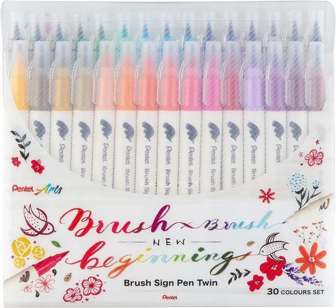 Pentel Brush Sing Pen Twin Pack de 30 Rotuladores con Doble Punta de Pincel Flexible - Punta Ancha 1-4mm, Punta Fina 0,2-2mm - Colores Surtidos