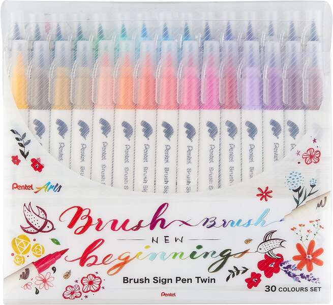 Pentel Brush Sing Pen Twin Pack de 30 Rotuladores con Doble Punta de Pincel Flexible - Punta Ancha 1-4mm, Punta Fina 0,2-2mm - Colores Surtidos