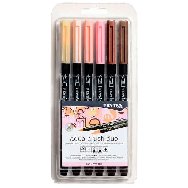 Lyra Aqua Brush Duo Skin Tones Pack 6 Rotuladores de Doble Punta - Punta Pincel 4mm, Punta Fina 2mm - Tinta Base de Agua - Colores Basados en Tonos de Piel