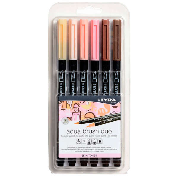 Lyra Aqua Brush Duo Skin Tones Pack 6 Rotuladores de Doble Punta - Punta Pincel 4mm, Punta Fina 2mm - Tinta Base de Agua - Colores Basados en Tonos de Piel