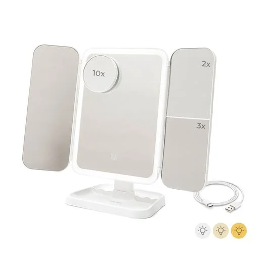 Innovagoods Miled Espejo de Maquillaje Triptico - Tactil - Bateria 2000mAh - Cable USB-C Incluido - Luz LED - Recargable - Plegable - Pies Antideslizantes - 21x32x13cm - Color Blanco