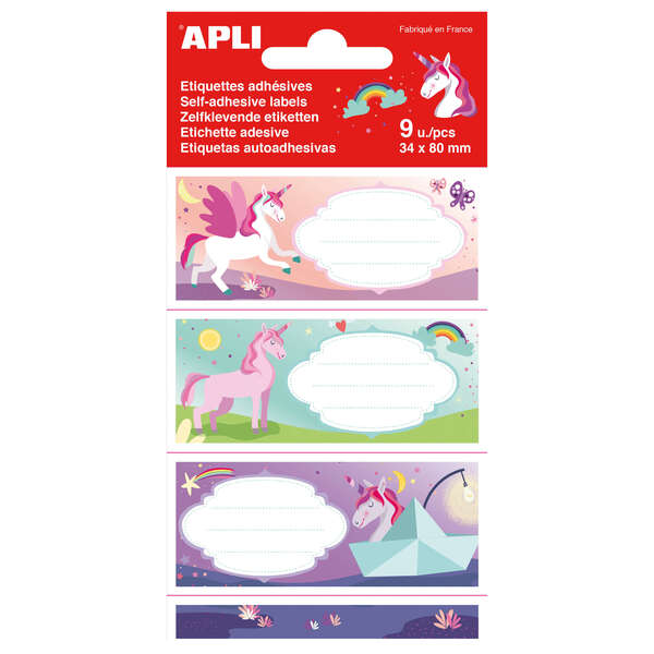 Apli Etiquetas Adhesivas Escolares Unicornios - Tamaño 81x36mm - 9 Etiquetas (3 por Diseño) - Adhesivo Permanente de Alta Calidad - Ideal para Marcar e Identificar Libros, Cuadernos, Carpeta