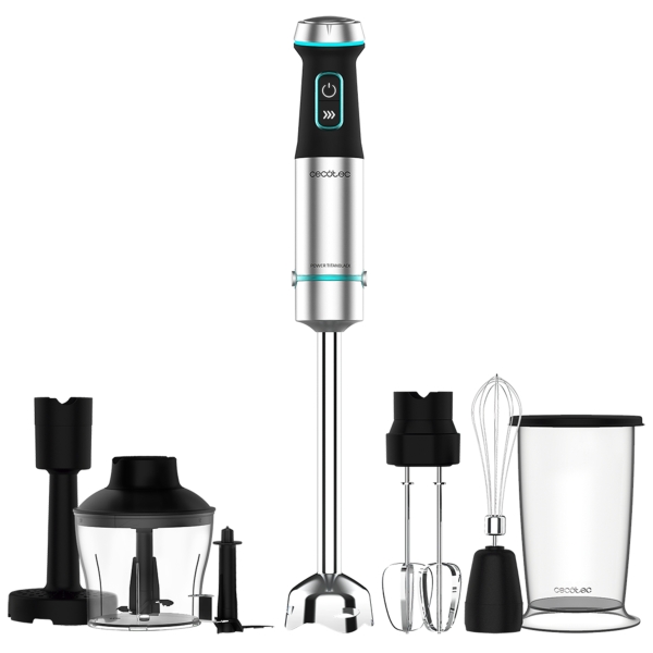 Cecotec Power TitanBlack 1200 XL PerfectCreamandCrush Batidora de Mano - 1200W - Cuchillas de Titanio - Campana Antisalpicaduras - Turbo - Vaso 800ml - Picadora de 600ml - 6.8x6.8x48cm - Col