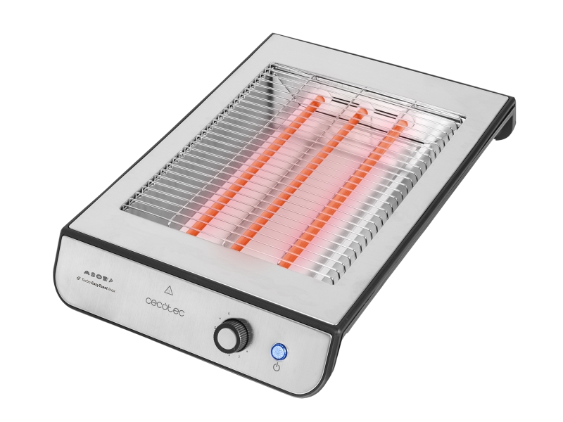 Cecotec Turbo Easy Toast Inox Tostador Horizontal - 900W - 3 Resistencias de Cuarzo - 6 Niveles de Tostado - Hueco Recogecables - Base Antideslizante - Recogemigas - Color Negro y Plateado