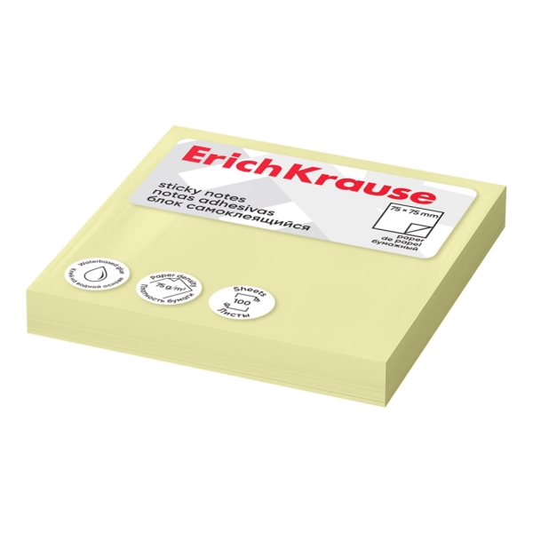 ErichKrause Bloc de 100 Notas Adhesivas Reposicionables - Papel de 75g/m2 - 75x75mm - Pegamento a Base de Agua - Color Amarillo · Pack de 12 uds.