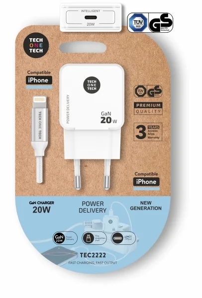 TechOneTech Cargador de Pared Ultrarrápido GaN 20w Blanco + Cable Apple