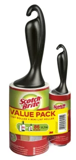 Scotch-Brite Everyday Clean Rodillo Quitapelusas Adhesivo - 56 Hojas - Incluye Rodillo Mini para Uso Diario de 30 Hojas - Color Negro