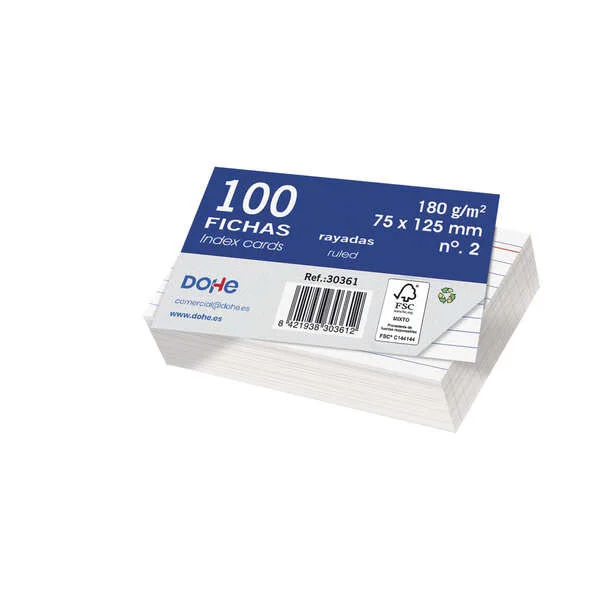 Dohe Pack con 100 Fichas de Cartulina Offset Blancas Rayadas de 180g - 75x125mm