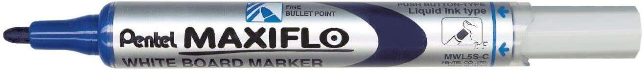 Pentel Maxiflo Rotulador para Pizarra Blanca - Regulacion del Flujo de Tinta - Punta de Bala - Ancho de Linea 2mm - 50% de Materiales Reciclados - Color Azul · Pack de 12 uds.