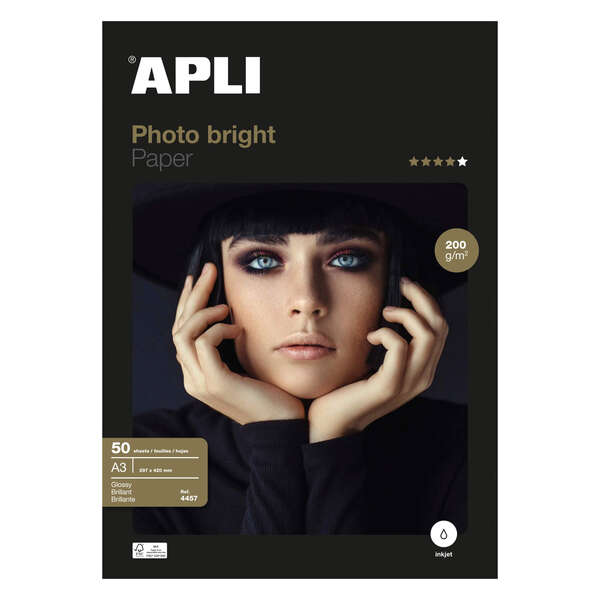 Apli Pack con 50 Hojas de Papel Fotografico Photobright A3 200g