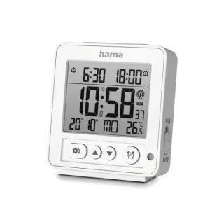 Hama Rhodes Radio Reloj Despertador - Pantalla Digital - Termometro - Funcion de Repeticion de Alarma - 2 Alarmas Configurables - Zona Horaria Ajustable - 9x2.5x10cm - Color Blanco