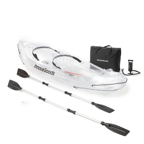 Innovagoods Kayak Inflable para 2 Personas - Bomba Manual - Soporta hasta 180kg - Incluye Accesorios - Bolsa de Transporte - 2 Remos Desmontables - 312x100x51cm - Color Transparente y Negro